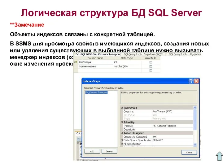 Логическая структура БД SQL Server **Замечание Объекты индексов связаны с конкретной