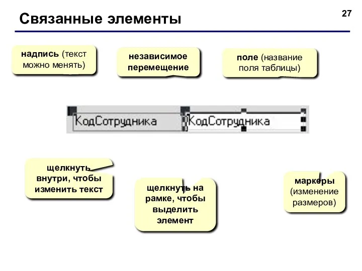 Связанные элементы надпись (текст можно менять) поле (название поля таблицы) маркеры