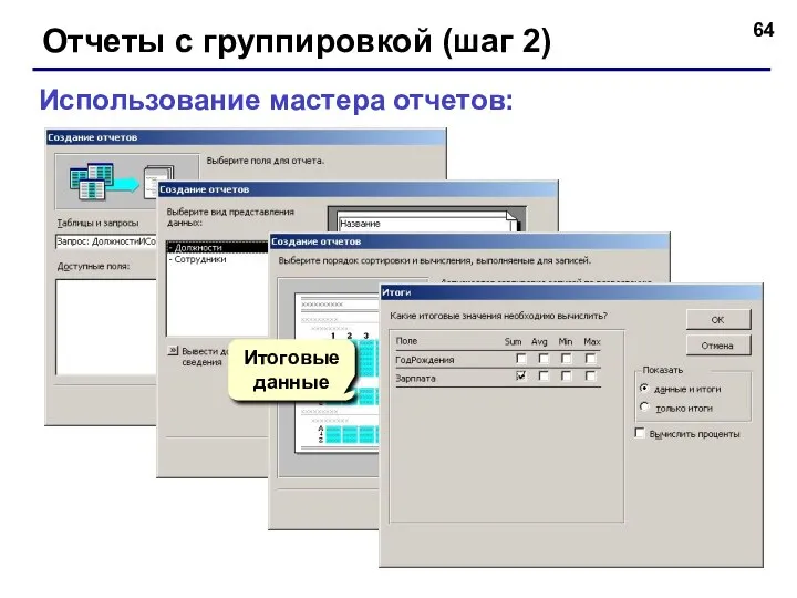 Отчеты с группировкой (шаг 2) Использование мастера отчетов: Итоговые данные