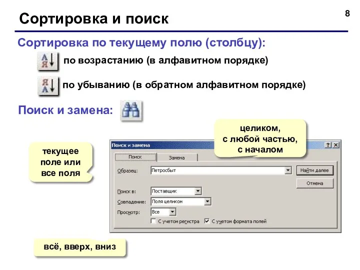 Сортировка и поиск Сортировка по текущему полю (столбцу): по возрастанию (в