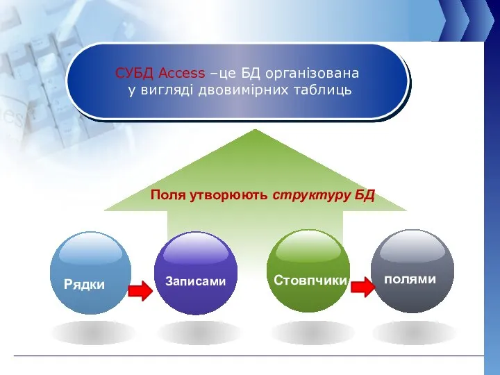 СУБД Access –це БД організована у вигляді двовимірних таблиць Поля утворюють структуру БД