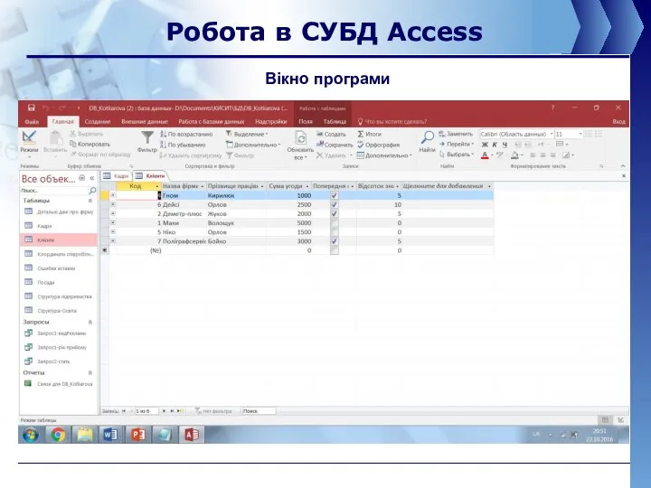 Робота в СУБД Access Вікно програми