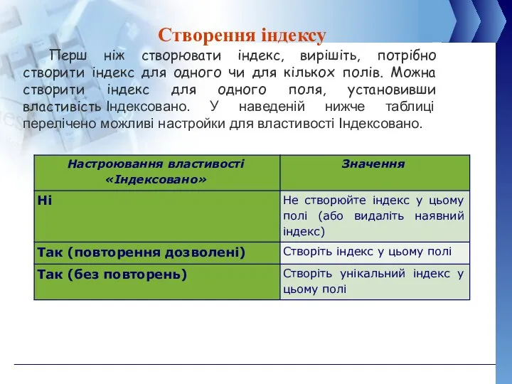 Створення індексу Перш ніж створювати індекс, вирішіть, потрібно створити індекс для