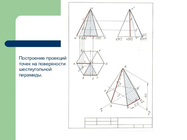 Построение проекций точек на поверхности шестиугольной пирамиды.