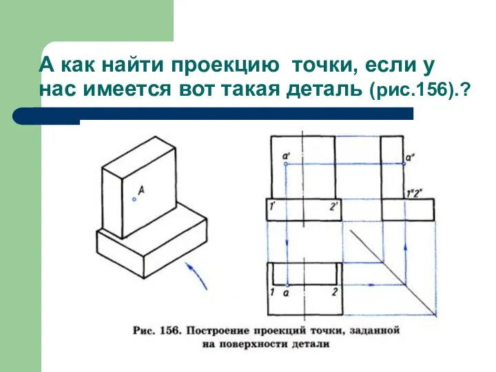 А как найти проекцию точки, если у нас имеется вот такая деталь (рис.156).?