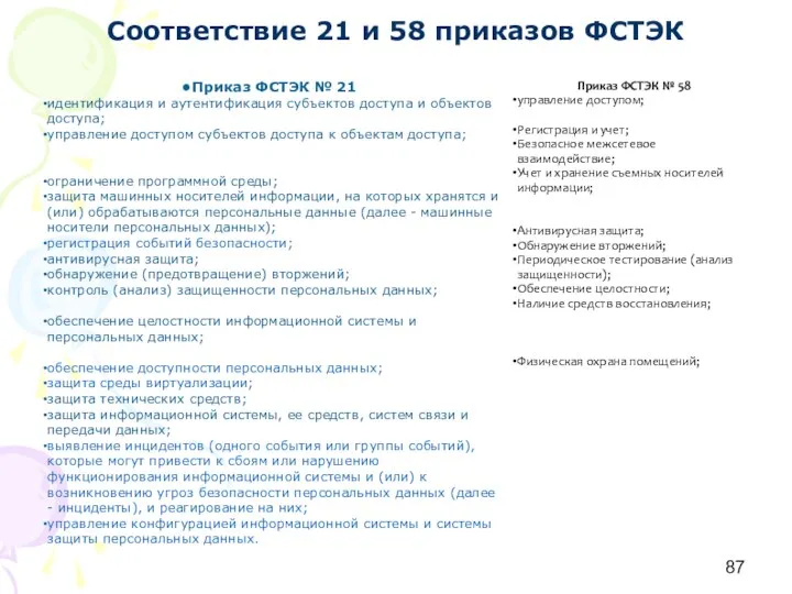 Соответствие 21 и 58 приказов ФСТЭК Приказ ФСТЭК № 21 идентификация