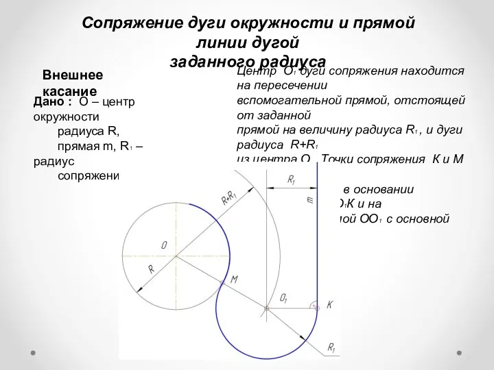 Центр О1 дуги сопряжения находится на пересечении вспомогательной прямой, отстоящей от