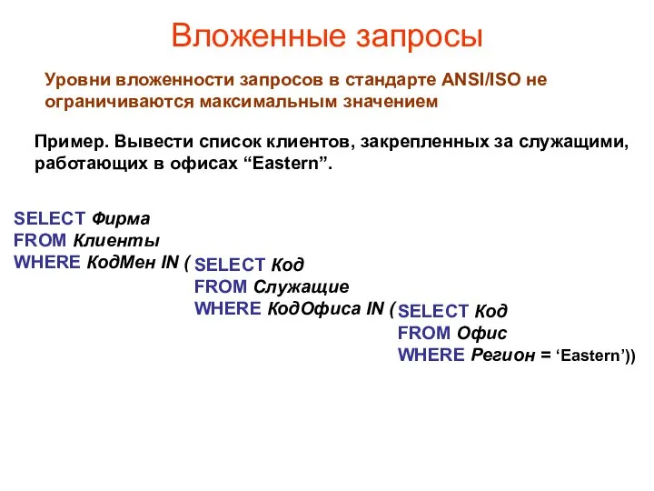 Вложенные запросы Уровни вложенности запросов в стандарте ANSI/ISO не ограничиваются максимальным