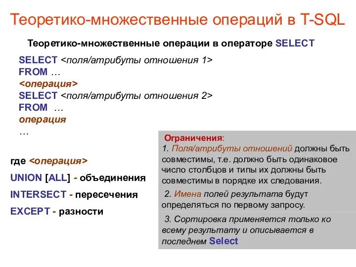 Теоретико-множественные операций в T-SQL Теоретико-множественные операции в операторе SELECT SELECT FROM