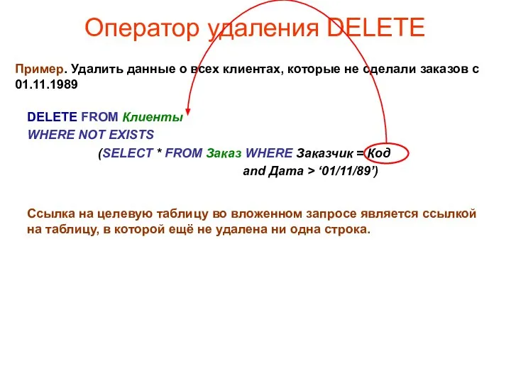 Оператор удаления DELETE Пример. Удалить данные о всех клиентах, которые не