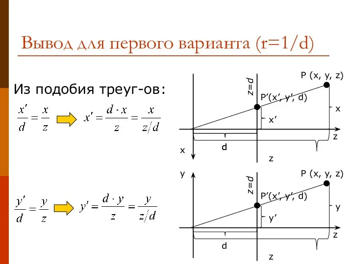 Вывод для первого варианта (r=1/d) Из подобия треуг-ов: P’(x’, y’, d)