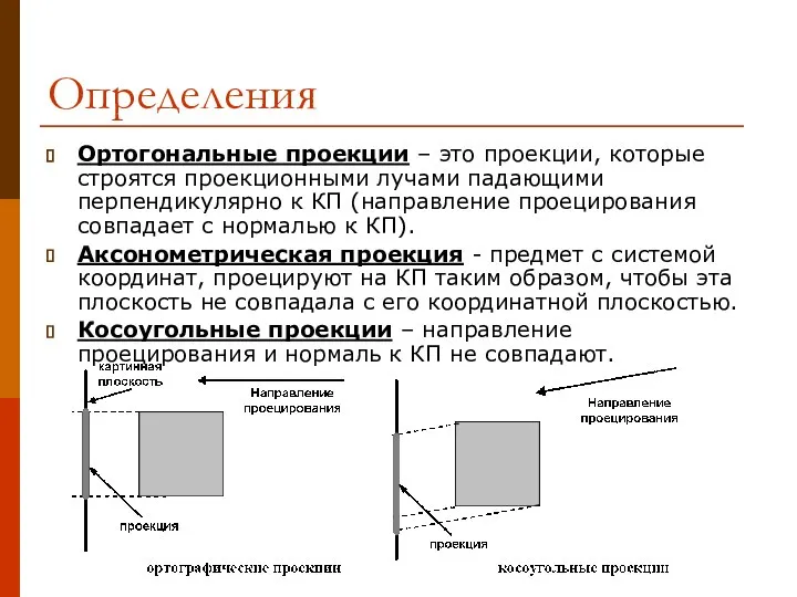 Определения Ортогональные проекции – это проекции, которые строятся проекционными лучами падающими