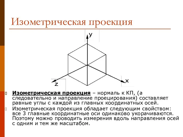 Изометрическая проекция Изометрическая проекция – нормаль к КП, (а следовательно и