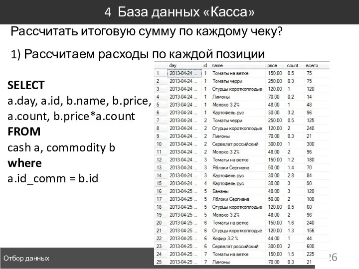 Отбор данных 4 База данных «Касса» Рассчитать итоговую сумму по каждому