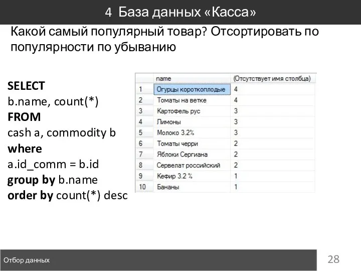 Отбор данных 4 База данных «Касса» Какой самый популярный товар? Отсортировать