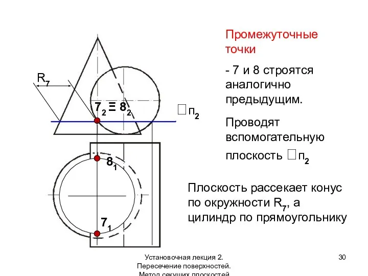 Промежуточные точки - 7 и 8 строятся аналогично предыдущим. Проводят вспомогательную