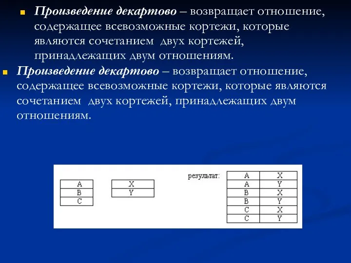 Произведение декартово – возвращает отношение, содержащее всевозможные кортежи, которые являются сочетанием