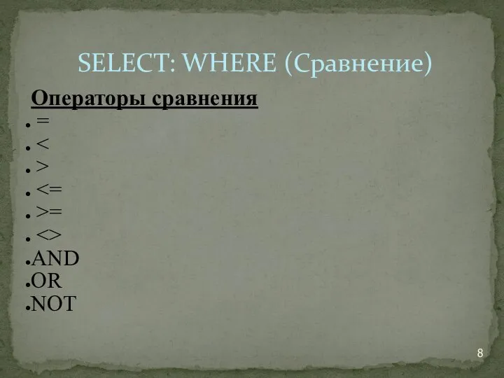 Операторы сравнения = > >= AND OR NOT SELECT: WHERE (Сравнение)