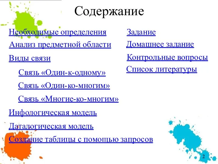 Содержание Необходимые определения Анализ предметной области Виды связи Задание Домашнее задание