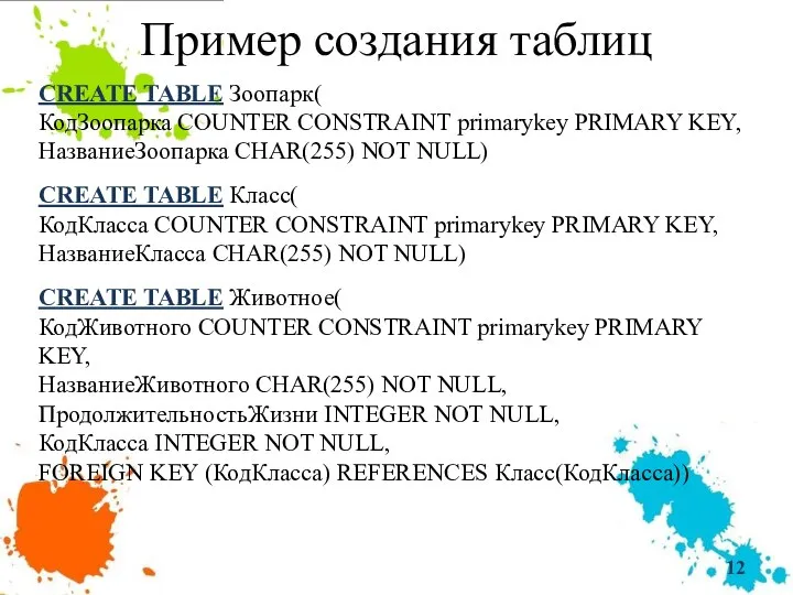 Пример создания таблиц CREATE TABLE Зоопарк( КодЗоопарка COUNTER CONSTRAINT primarykey PRIMARY