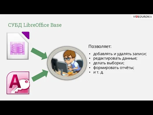 СУБД LibreOffice Base добавлять и удалять записи; редактировать данные; делать выборки;