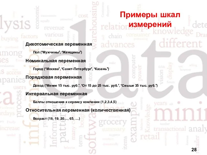 Примеры шкал измерений Дихотомическая переменная Пол (‘Мужчины’, ‘Женщины’) Номинальная переменная Город