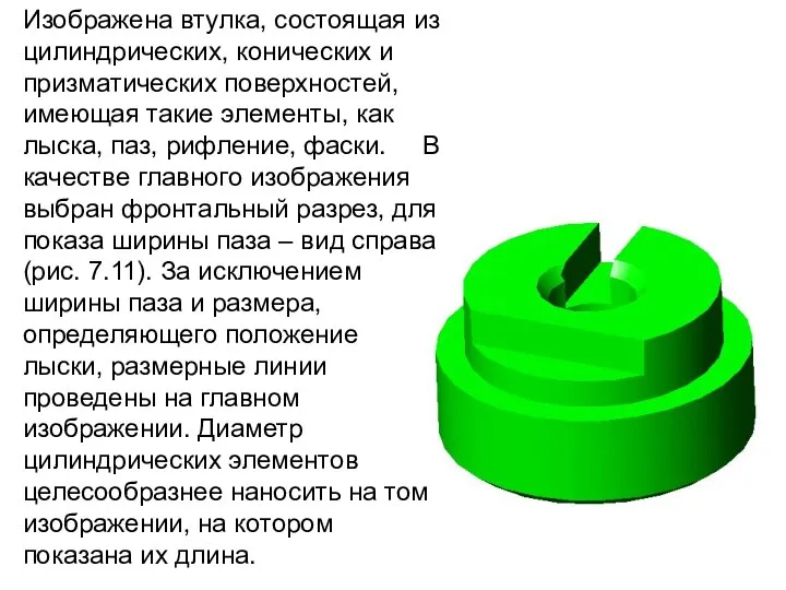 Изображена втулка, состоящая из цилиндрических, конических и призматических поверхностей, имеющая такие