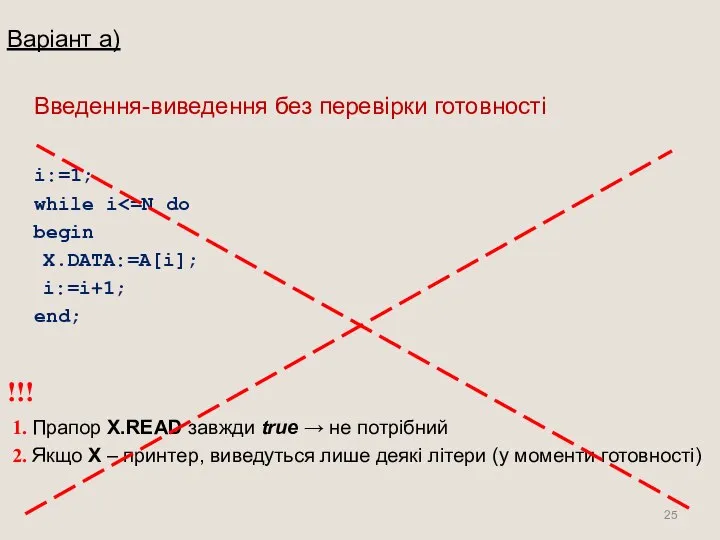 Варіант а) Введення-виведення без перевірки готовності i:=1; while i begin X.DATA:=A[i];