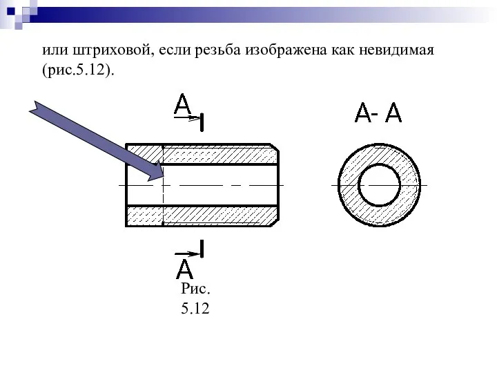 Рис. 5.12 или штриховой, если резьба изображена как невидимая (рис.5.12).