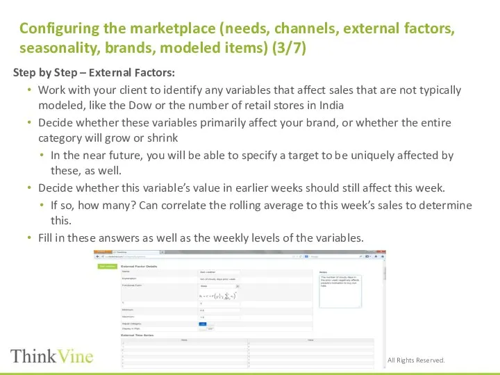 Configuring the marketplace (needs, channels, external factors, seasonality, brands, modeled items)