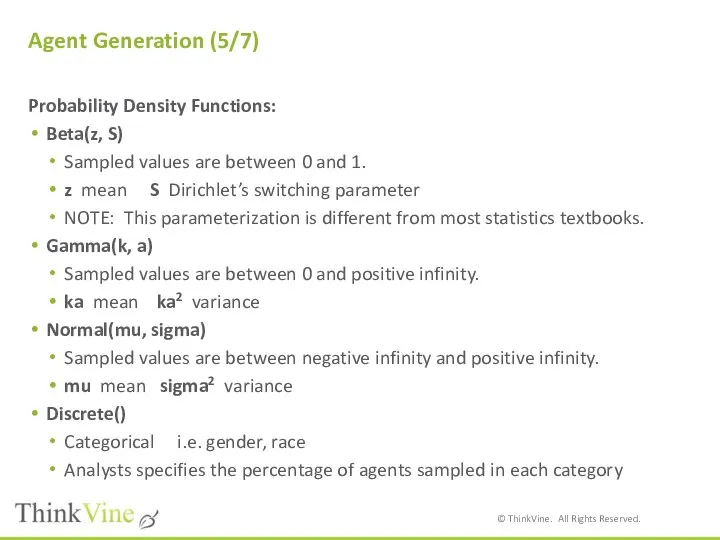 Agent Generation (5/7) Probability Density Functions: Beta(z, S) Sampled values are