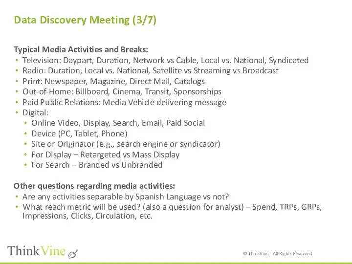 Data Discovery Meeting (3/7) Typical Media Activities and Breaks: Television: Daypart,