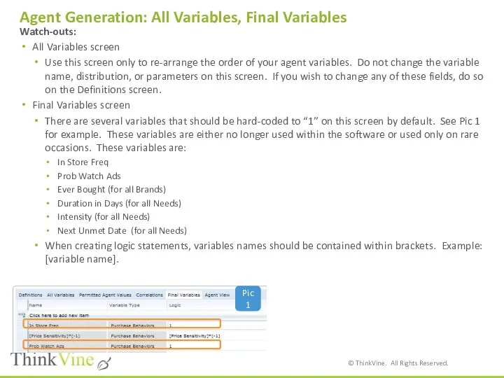 Agent Generation: All Variables, Final Variables Watch-outs: All Variables screen Use