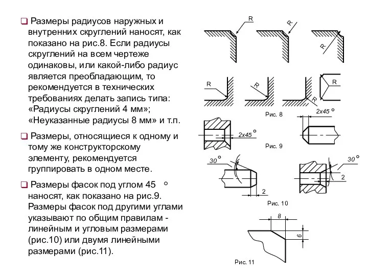 Размеры радиусов наружных и внутренних скруглений наносят, как показано на рис.8.