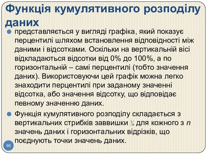 Функція кумулятивного розподілу даних представляється у вигляді графіка, який показує перцентилі