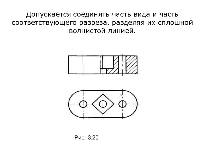 Допускается соединять часть вида и часть соответствующего разреза, разделяя их сплошной волнистой линией. Рис. 3.20