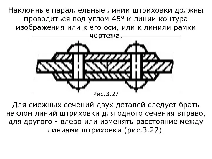 Для смежных сечений двух деталей следует брать наклон линий штриховки для