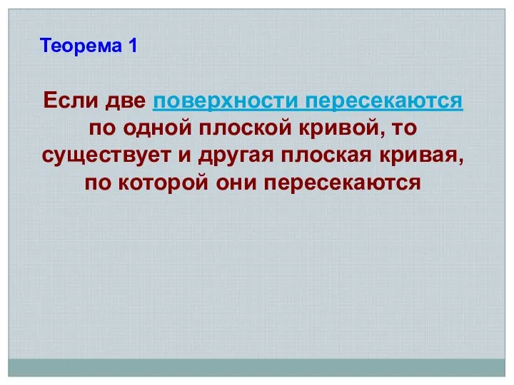 Теорема 1 Если две поверхности пересекаются по одной плоской кривой, то