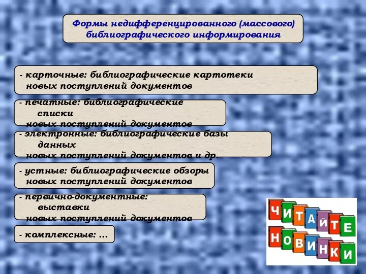 Формы недифференцированного (массового) библиографического информирования - карточные: библиографические картотеки новых поступлений