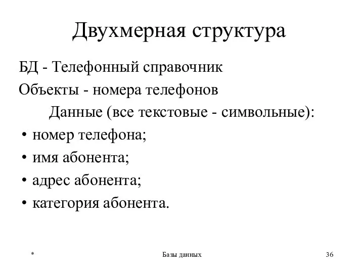 * Базы данных Двухмерная структура БД - Телефонный справочник Объекты -