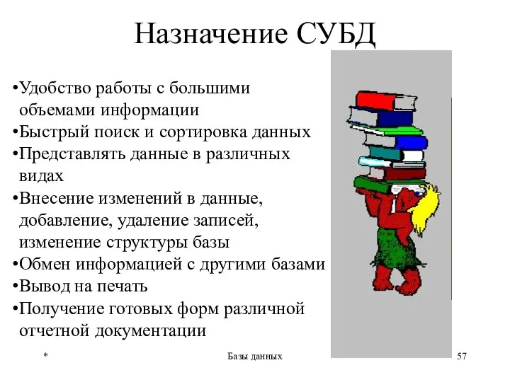 * Базы данных Назначение СУБД Удобство работы с большими объемами информации