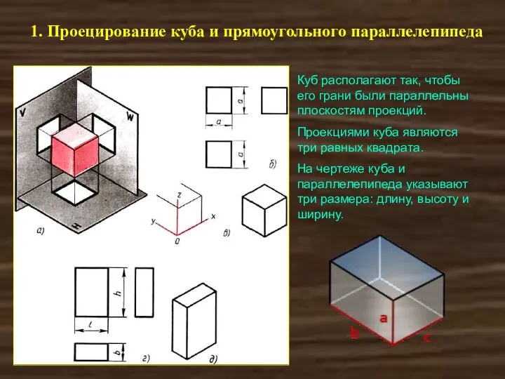 1. Проецирование куба и прямоугольного параллелепипеда Куб располагают так, чтобы его