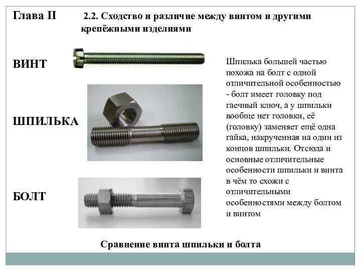 Глава II 2.2. Сходство и различие между винтом и другими крепёжными