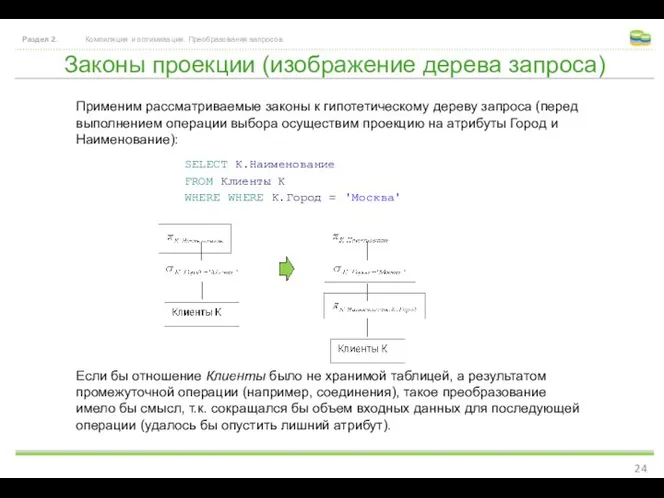 Законы проекции (изображение дерева запроса) Раздел 2. Компиляция и оптимизация. Преобразования