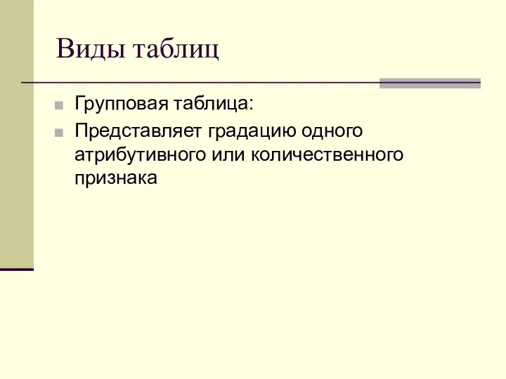 Виды таблиц Групповая таблица: Представляет градацию одного атрибутивного или количественного признака