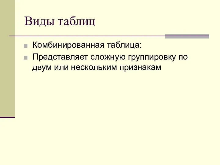 Виды таблиц Комбинированная таблица: Представляет сложную группировку по двум или нескольким признакам