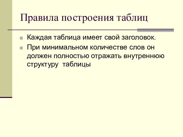 Правила построения таблиц Каждая таблица имеет свой заголовок. При минимальном количестве