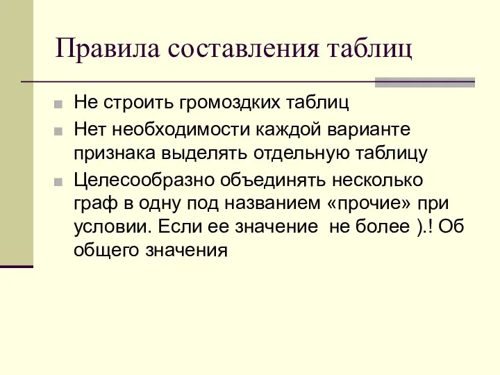 Правила составления таблиц Не строить громоздких таблиц Нет необходимости каждой варианте