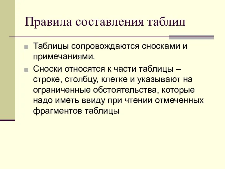 Правила составления таблиц Таблицы сопровождаются сносками и примечаниями. Сноски относятся к