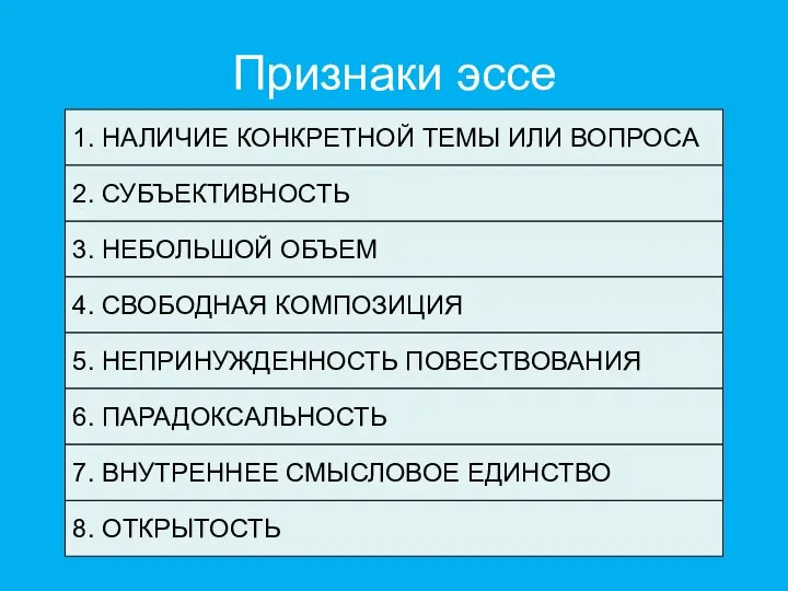 Признаки эссе 1. НАЛИЧИЕ КОНКРЕТНОЙ ТЕМЫ ИЛИ ВОПРОСА 3. НЕБОЛЬШОЙ ОБЪЕМ